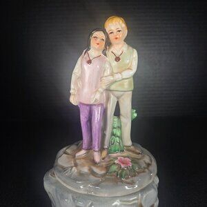 Vintage Ceramic Love Story 1970s Rotating Music Piece With Couple And Landscape